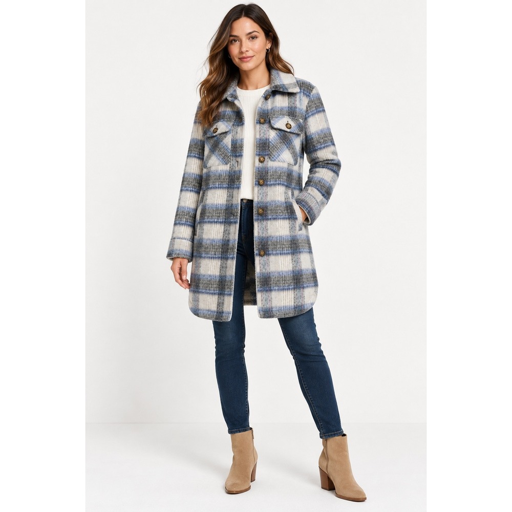 Modern Supply by Sanctuary Women Blue Gray Plaid Longline Shacket Jacket Large
